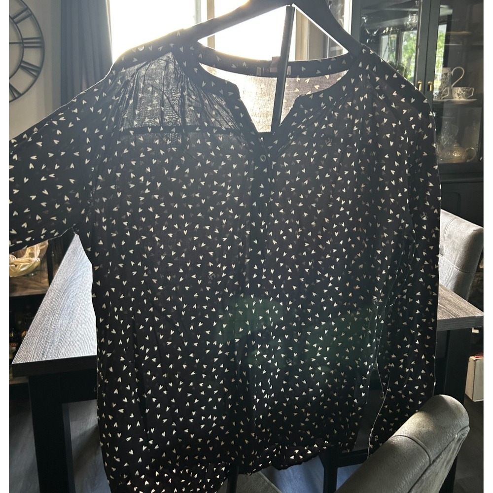 Juicy Couture Women's Blouse Medium Black Sheer Heart Print Logo Button Down Y2K
